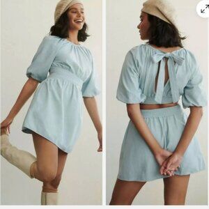 Anthropologie Love the Label Puff-Sleeved Mini Dress Chambray Tie Back Size Smal